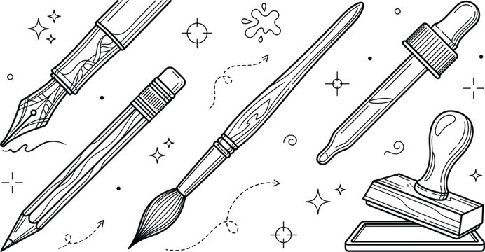 Art and office stationery vector line art icon set featuring fountain pen wooden pencil paintbrush dropper and stamp