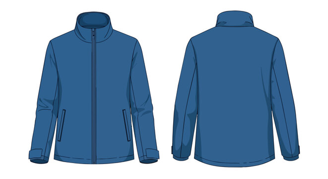 Sporty Blue Jacket Template Technical Sketch Front and Back View for Casual Outdoor Winter Fashion Design