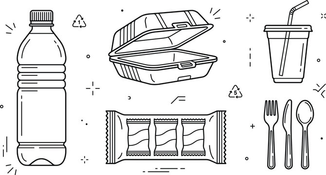 Disposable food packaging vector line art icon set featuring water bottle container plastic cup wrapper cutlery symbols