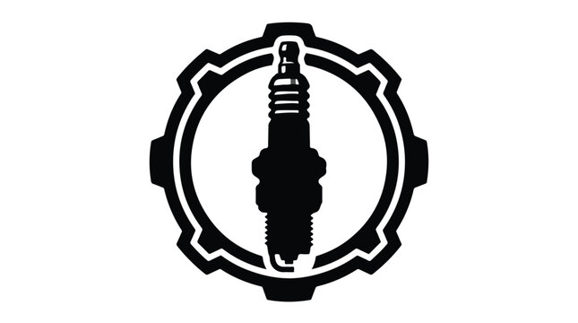 Vintage spark plug logo design, automotive engine part icon in gear frame, black and white industrial vector illustration for garage or repair shop
