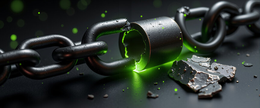 Broken chain link with binary code representing cyber security chain