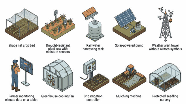 Collection of isometric illustrations depicting modern agricultural technologies and smart farming concepts.