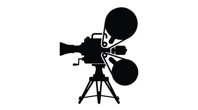 Vintage movie camera silhouette on tripod, retro cinema projector vector icon, antique film production equipment for motion picture industry