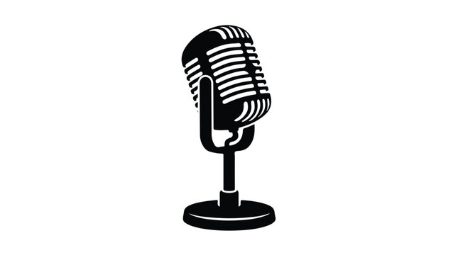 Vintage retro microphone vector illustration, classic studio condenser mic icon, black and white podcast and broadcasting equipment graphic