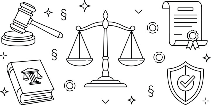 Law and justice vector line art icon set featuring scales judge gavel legal book certificate and security shield