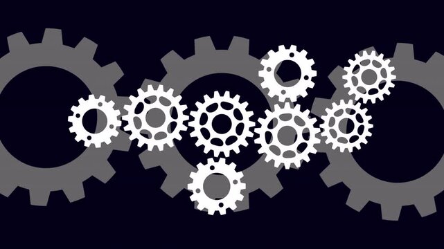 Simple 2D animation of interlocking white and grey gears rotating on a dark background for industrial and technology concepts featuring a clean graphic style and alpha channel transparency