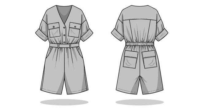 Women's Grey Casual Romper Technical Fashion Sketch With Chest Pockets And Elastic Waist Front Back Views