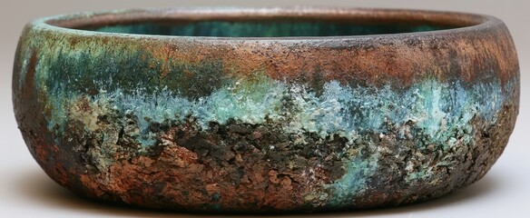 Fototapeta premium Textured turquoise and copper ceramic bowl with crusted patina and mineral glaze for design and background use in decor projects