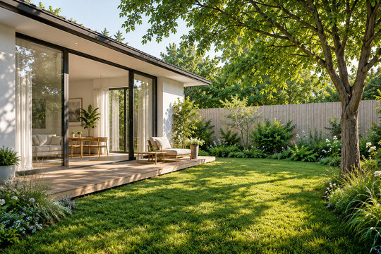 Modern backyard with wooden deck, lawn and sunlit garden
