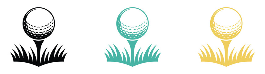 Golf ball icon set, golf ball on tee vector illustration in multiple colors, golf sports symbol, championship equipment graphic, professional game design. © AYAT 01