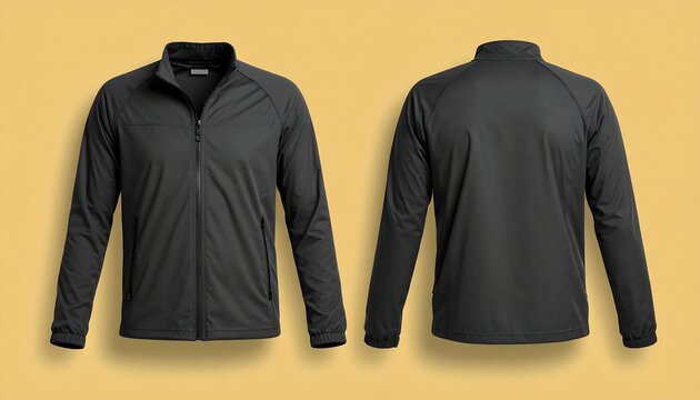 Front and back view of a dark gray quarter zip jacket on a yellow background.