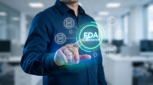Professional man interacting with a digital interface to complete a formal fda submission process online