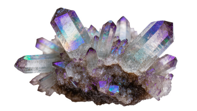 Iridescent amethyst crystal cluster with purple and blue hues, isolated on transparent background