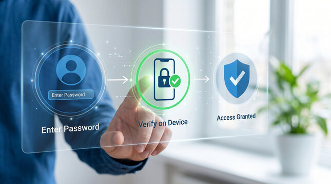 Business person uses a holographic interface to complete multi factor authentication for secure digital account access
