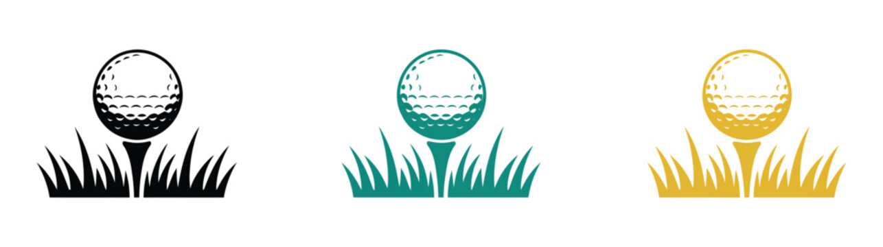Golf ball icon set, golf ball on tee vector illustration in multiple colors, golf sports symbol, championship equipment graphic, professional game design.