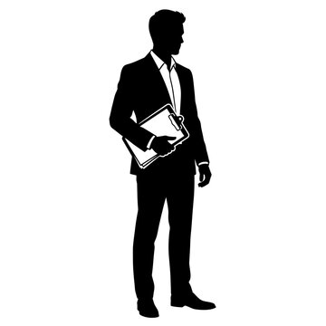 Businessman stands in a formal pose while holding a professional clipboard for document review.