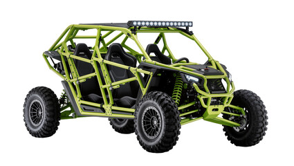Lime green off-road buggy with roll cage and LED light bar, isolated on transparent background © Alexander