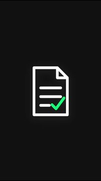 Minimalist white line icon of a document animating on a black background and ending with a green checkmark