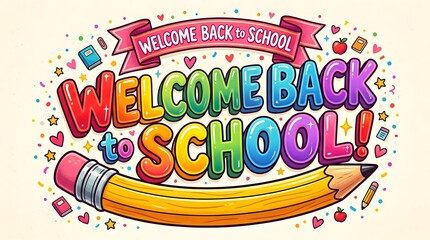 Fototapeta premium Cute hand drawn welcome back to school lettering with pencil illustration, confetti, and playful stationery for kids education and classroom design