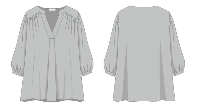 Elegant Women V Neck Pleated Tunic Blouse Fashion Technical Sketch with Long Puff Sleeves Front Back View