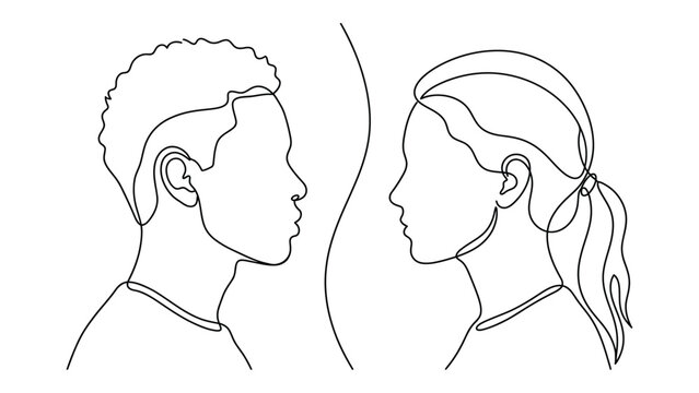 A line drawing of a man and woman facing each other.