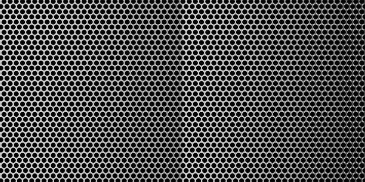 Perforated metal plate. Metal grill. Metal texture steel background. Perforated sheet metal. 3d shape titanium sheet. Circle mesh pattern background. Industrial texture. Steel speaker. Vector EPS10.