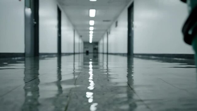 Flooded hallway reflections on water surface, wet floor with cleaning bucket and mop, creating eerie atmosphere and sense of urgent maintenance