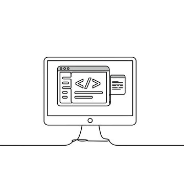 Continuous line drawing of a computer monitor displaying code and web development elements.