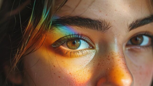 Close up portrait of a young woman with freckled skin and beautiful hazel eyes illuminated by a soft rainbow light prism effect.