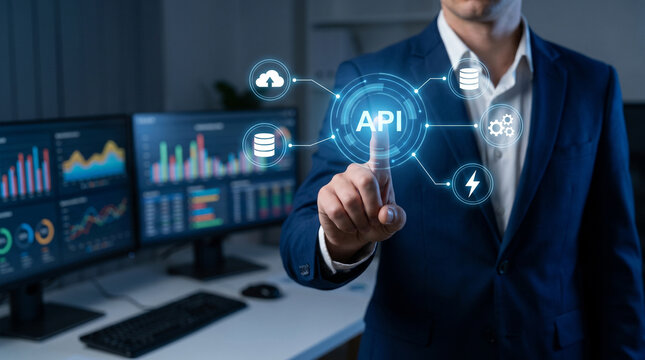 Professional businessman in a suit interacting with a glowing digital api interface in an office