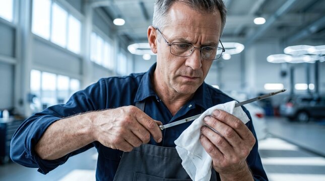 Professional mechanic checking engine oil level with a dipstick in a modern car service center