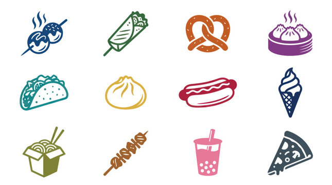 Fast Food and Street Food Flat Line Art Icons Set. Global Snacks, Meals, Desserts, and Drinks Vector.