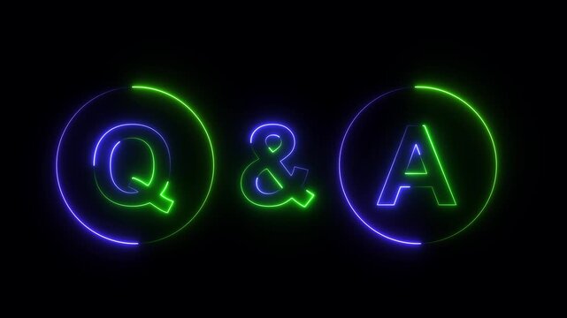 Neon Q and A question and answer icon animation session on black background. Question and Answer the letters Q and A. Question and Answer- 4k black background icon animation with Glitch Effect