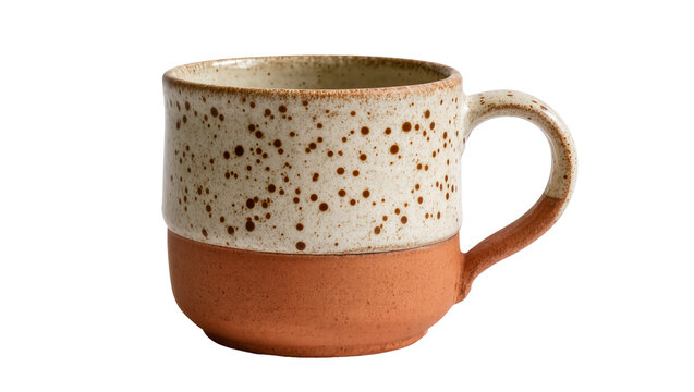 Speckled ceramic mug with terracotta base, isolated on transparent background