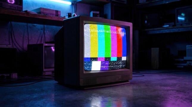 Vintage analog television broadcasts colorful test signal inside dark neon illuminated concrete studio
