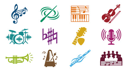 Fototapeta premium Music Industry Flat Glyph Icons Set: Musical Instruments, Symbols, Notes, and Performance Elements