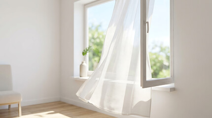 Fototapeta premium Bright minimalist room with open window, sheer white curtains blowing in fresh breeze, overlooking green trees.