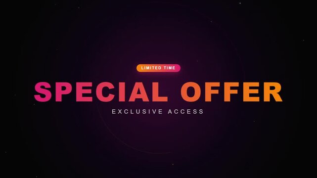 Vibrant gradient special offer text animation with limited timeand exclusive access on dark purple background