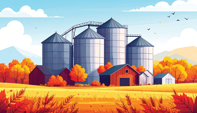 Large Industrial Farm Grain Silos Structure.