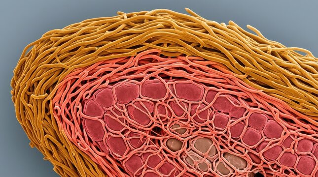Ectomycorrhizal mantle wrapping plant root cortical cells, demonstrating symbiotic mycelial networks, showing biological microscopic structures of host fungus tip in cross section anatomy.