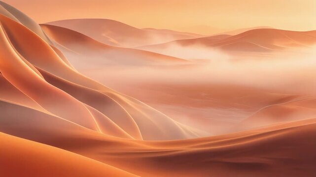 Smooth, curved red sand dunes in a misty desert landscape at sunrise