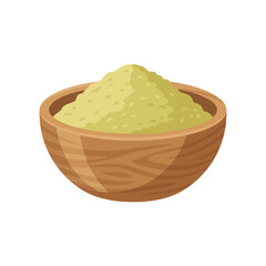 A rustic wooden bowl brimming with golden grain powder stands © indah