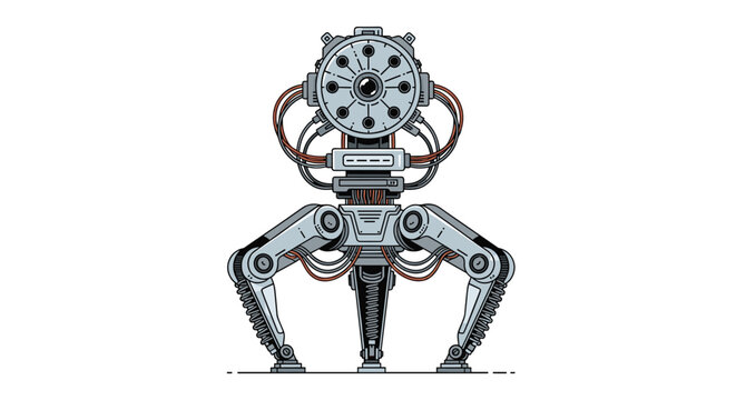 Futuristic scifi combat robot drone standing on mechanical legs with circular optic sensor head design in outline vector style.