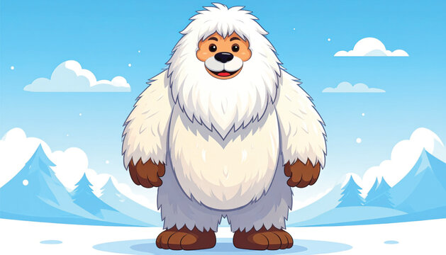 Cartoon Yeti in Snowy Landscape Standing.