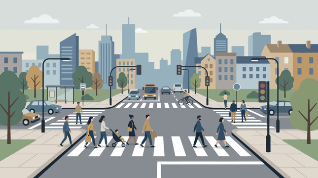 City street scene with people crossing a pedestrian crossing, urban landscape