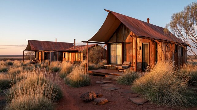 Low-profile corten steel cabins with steep tent-like roofs beside red earth and spinifex grass, sunlit against an open desert horizon, combining weathered metal, minimalist off-grid architecture, and