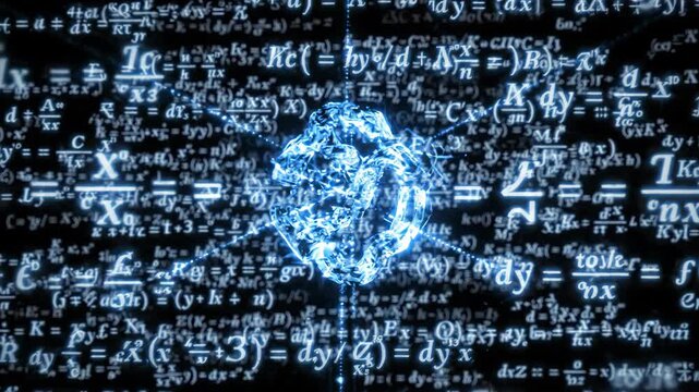Glowing Sphere Surrounded by Mathematical Equations and Symbols Captivating Abstract Digital Art of Science and Technology with Blue Light