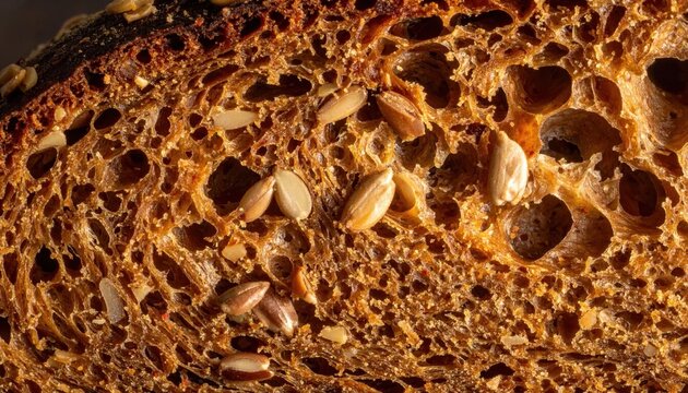 Macro closeup of multigrain bread slice texture showcasing airy crumb and embedded sunflower seeds