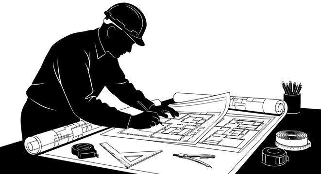 Architect reviewing blueprints on a table with drafting tools.