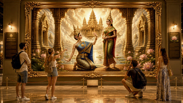 A group of diverse international tourists standing and kneeling while admiring a large, intricate traditional Thai mural style painting of Apsara dancers inside a well-lit art gallery museum. The inte